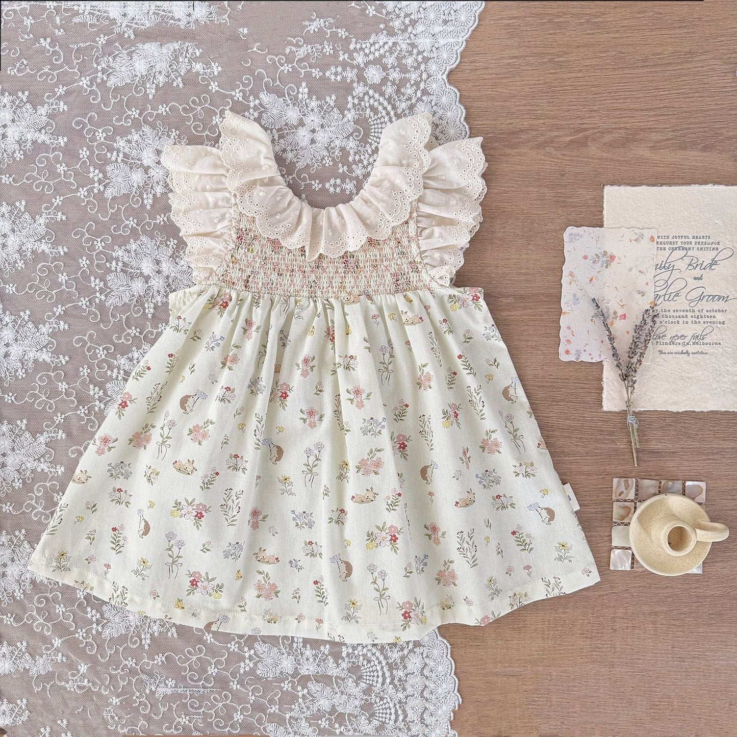 ノースリーブワンピース フラワープリントラッフルレース襟ガーリーワンピース【mh0010426】