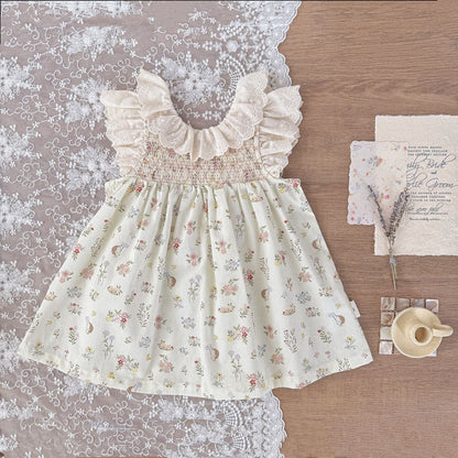 ノースリーブワンピース フラワープリントラッフルレース襟ガーリーワンピース【mh0010426】