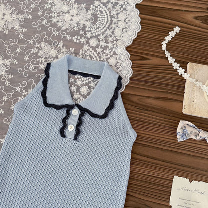 タンクトップ・キャミソール・ノースリーブトップス 襟付きホルターネックニットトップス【mh0010433】