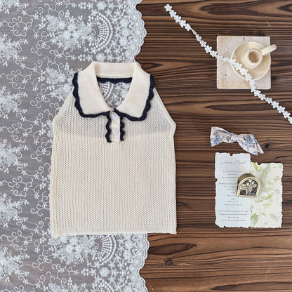 タンクトップ・キャミソール・ノースリーブトップス 襟付きホルターネックニットトップス【mh0010433】