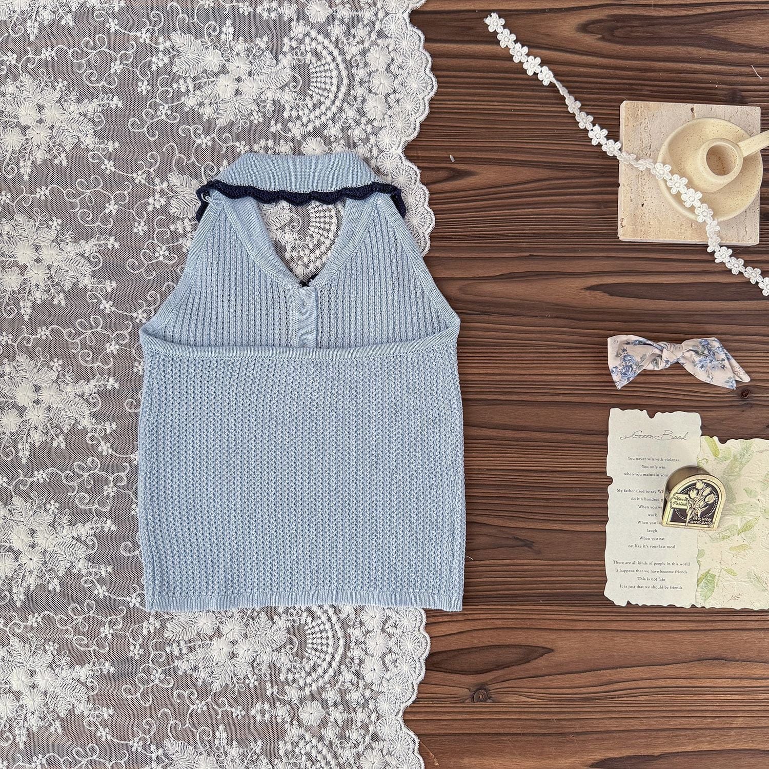 タンクトップ・キャミソール・ノースリーブトップス 襟付きホルターネックニットトップス【mh0010433】