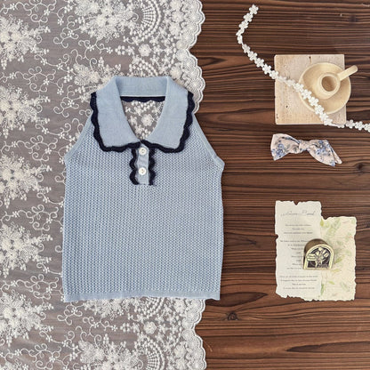 タンクトップ・キャミソール・ノースリーブトップス 襟付きホルターネックニットトップス【mh0010433】