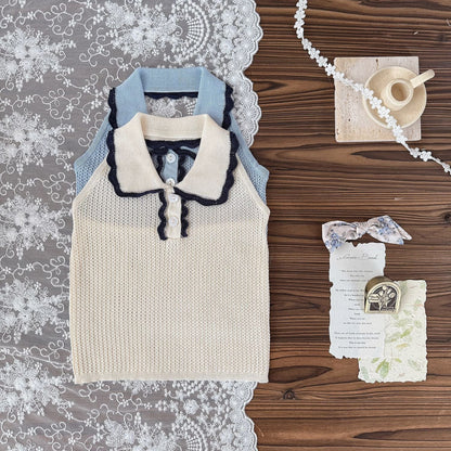 タンクトップ・キャミソール・ノースリーブトップス 襟付きホルターネックニットトップス【mh0010433】