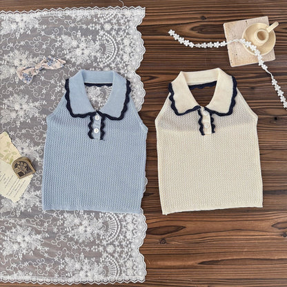 タンクトップ・キャミソール・ノースリーブトップス 襟付きホルターネックニットトップス【mh0010433】