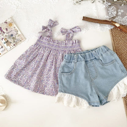 タンクトップ・キャミソール・ノースリーブトップス フラワープリントリボンショルダーチュニックブラウス【mh0010441】