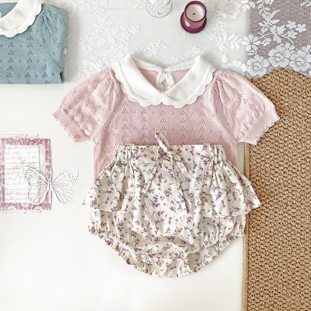 半袖シャツ・ブラウス 襟付きレースニット半袖パフスリーブブラウス【mh0010447】