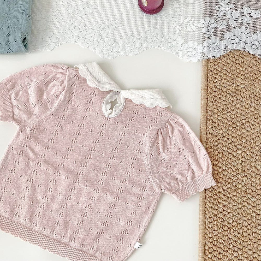 半袖シャツ・ブラウス 襟付きレースニット半袖パフスリーブブラウス【mh0010447】