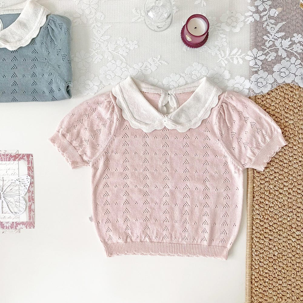 半袖シャツ・ブラウス 襟付きレースニット半袖パフスリーブブラウス【mh0010447】