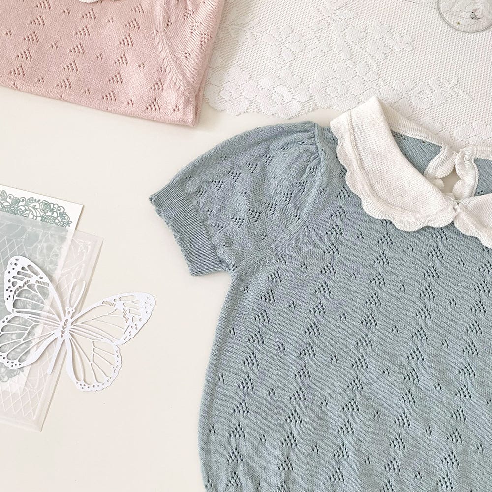 半袖シャツ・ブラウス 襟付きレースニット半袖パフスリーブブラウス【mh0010447】