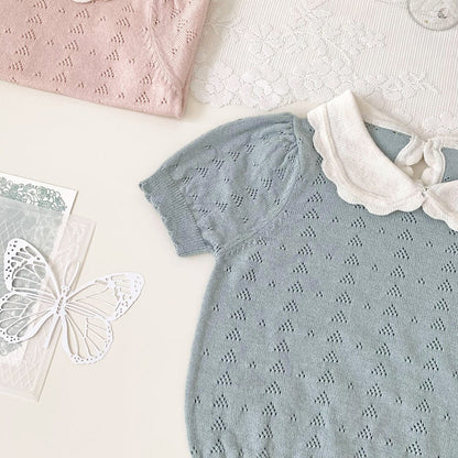 半袖シャツ・ブラウス 襟付きレースニット半袖パフスリーブブラウス【mh0010447】