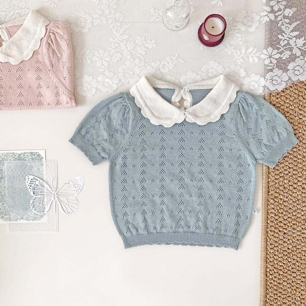 半袖シャツ・ブラウス 襟付きレースニット半袖パフスリーブブラウス【mh0010447】