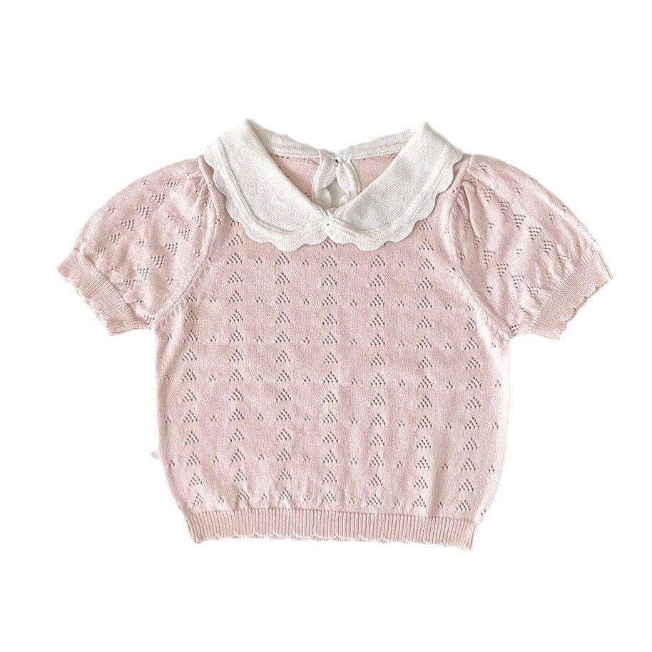 半袖シャツ・ブラウス 襟付きレースニット半袖パフスリーブブラウス【mh0010447】