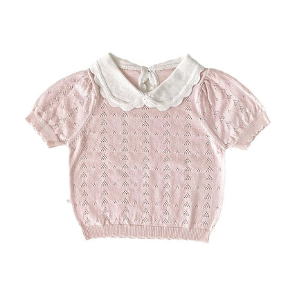 半袖シャツ・ブラウス 襟付きレースニット半袖パフスリーブブラウス【mh0010447】