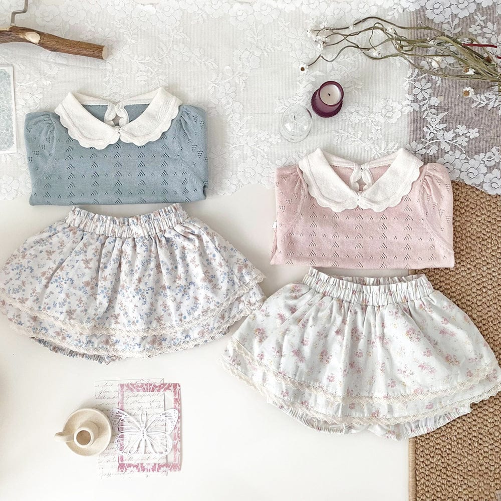 半袖シャツ・ブラウス 襟付きレースニット半袖パフスリーブブラウス【mh0010447】