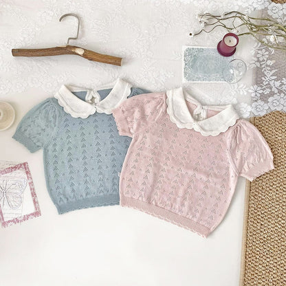 半袖シャツ・ブラウス 襟付きレースニット半袖パフスリーブブラウス【mh0010447】