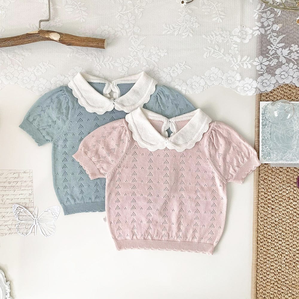 半袖シャツ・ブラウス 襟付きレースニット半袖パフスリーブブラウス【mh0010447】