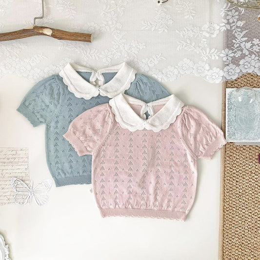 半袖シャツ・ブラウス 襟付きレースニット半袖パフスリーブブラウス【mh0010447】