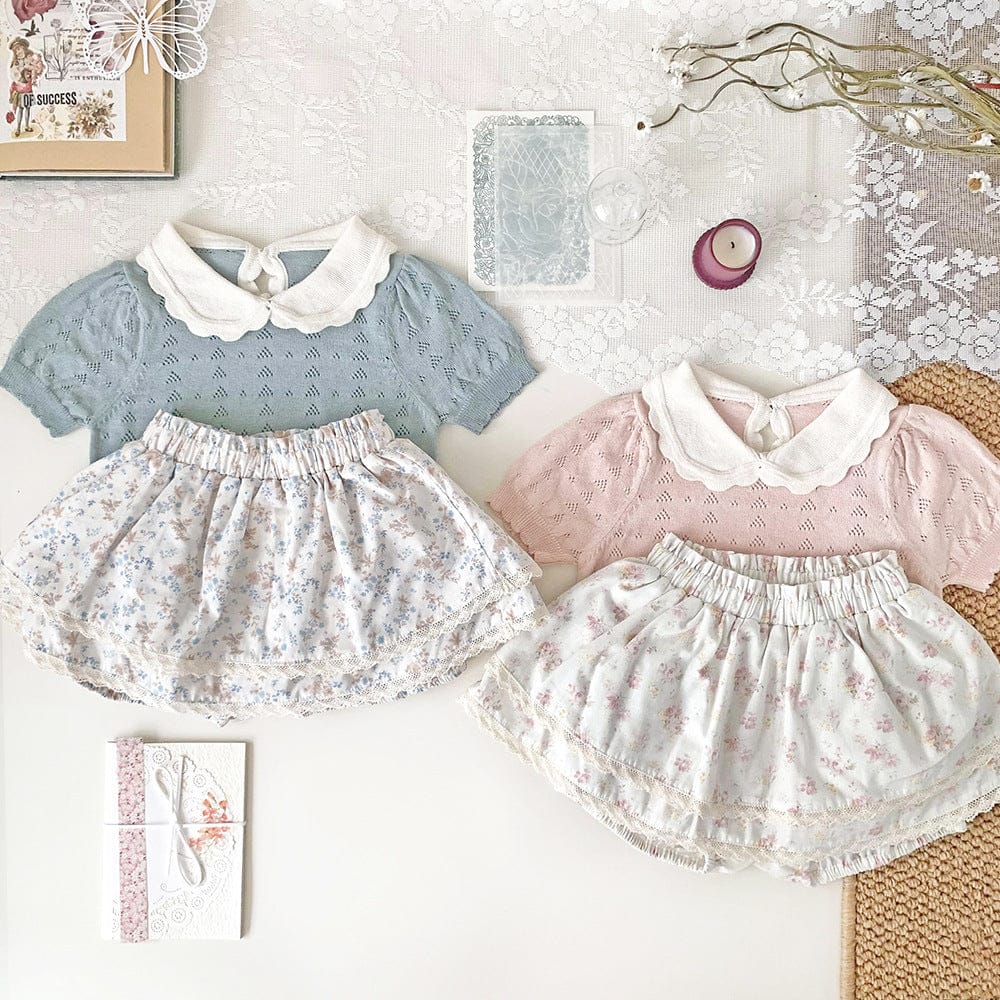 半袖シャツ・ブラウス 襟付きレースニット半袖パフスリーブブラウス【mh0010447】