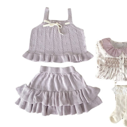 ノースリーブセットアップ 裾フリルリボンサマーニットキャミソールセットアップ【mh0010452】