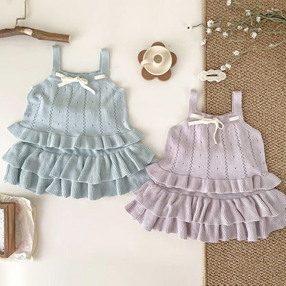 ノースリーブセットアップ 裾フリルリボンサマーニットキャミソールセットアップ【mh0010452】