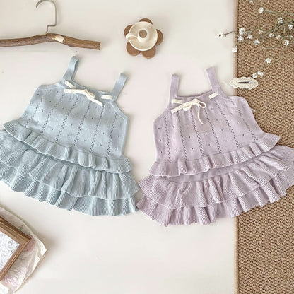 ノースリーブセットアップ 裾フリルリボンサマーニットキャミソールセットアップ【mh0010452】