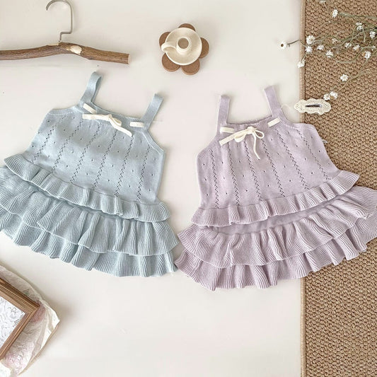 ノースリーブセットアップ 裾フリルリボンサマーニットキャミソールセットアップ【mh0010452】