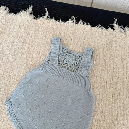 ノースリーブロンパース 透かし編みレースフラワーニットロンパース/ボンネット【mh0011143】