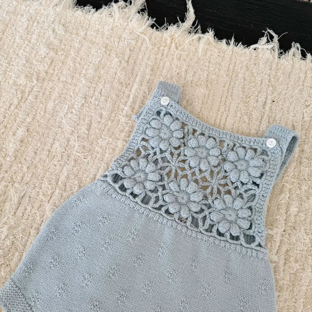 ノースリーブロンパース 透かし編みレースフラワーニットロンパース/ボンネット【mh0011143】