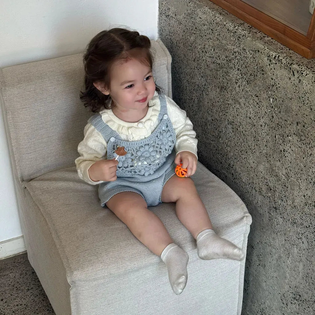 ノースリーブロンパース 透かし編みレースフラワーニットロンパース/ボンネット【mh0011143】