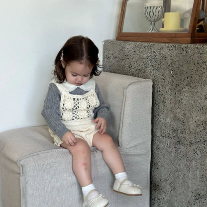 ノースリーブロンパース 透かし編みレースフラワーニットロンパース/ボンネット【mh0011143】