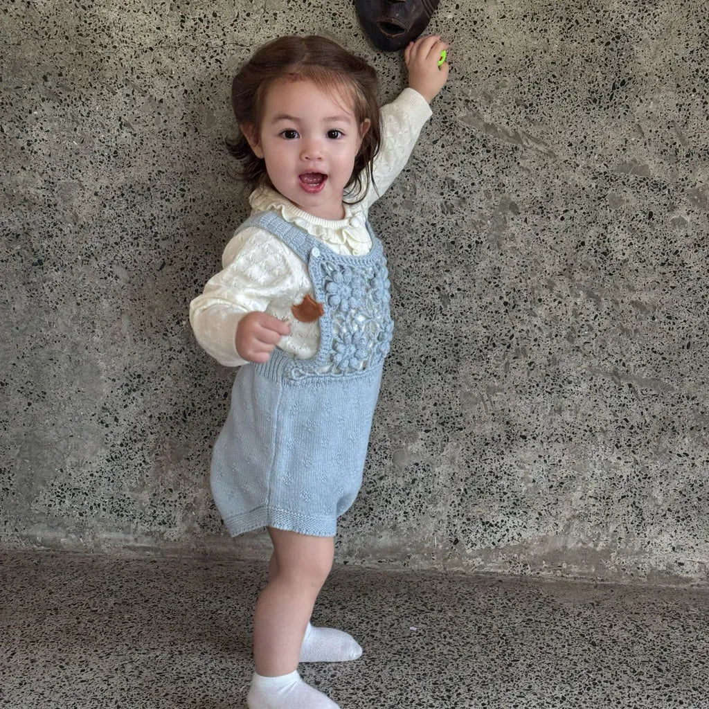 ノースリーブロンパース 透かし編みレースフラワーニットロンパース/ボンネット【mh0011143】