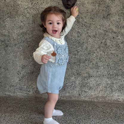 ノースリーブロンパース 透かし編みレースフラワーニットロンパース/ボンネット【mh0011143】