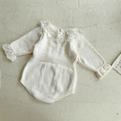 長袖ロンパース 花柄レース襟付き長袖ニットロンパース【mh0011150】