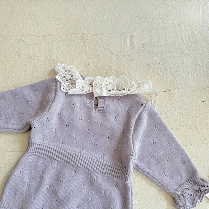 長袖ロンパース 花柄レース襟付き長袖ニットロンパース【mh0011150】