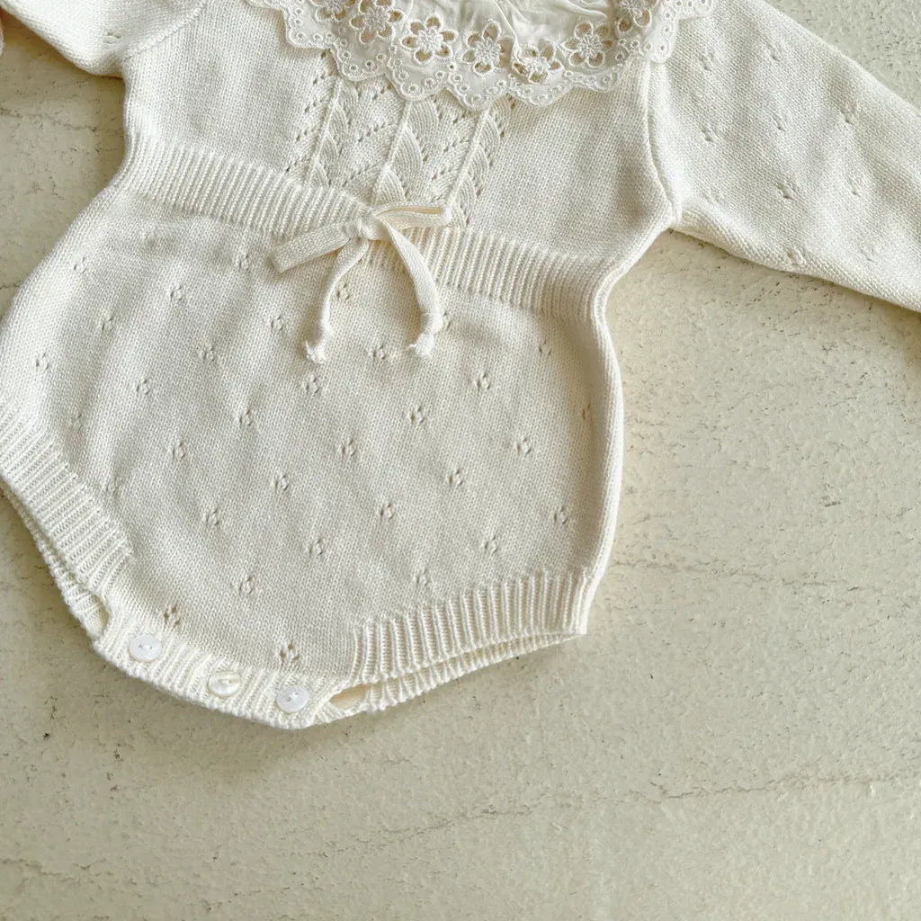 長袖ロンパース 花柄レース襟付き長袖ニットロンパース【mh0011150】