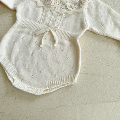 長袖ロンパース 花柄レース襟付き長袖ニットロンパース【mh0011150】