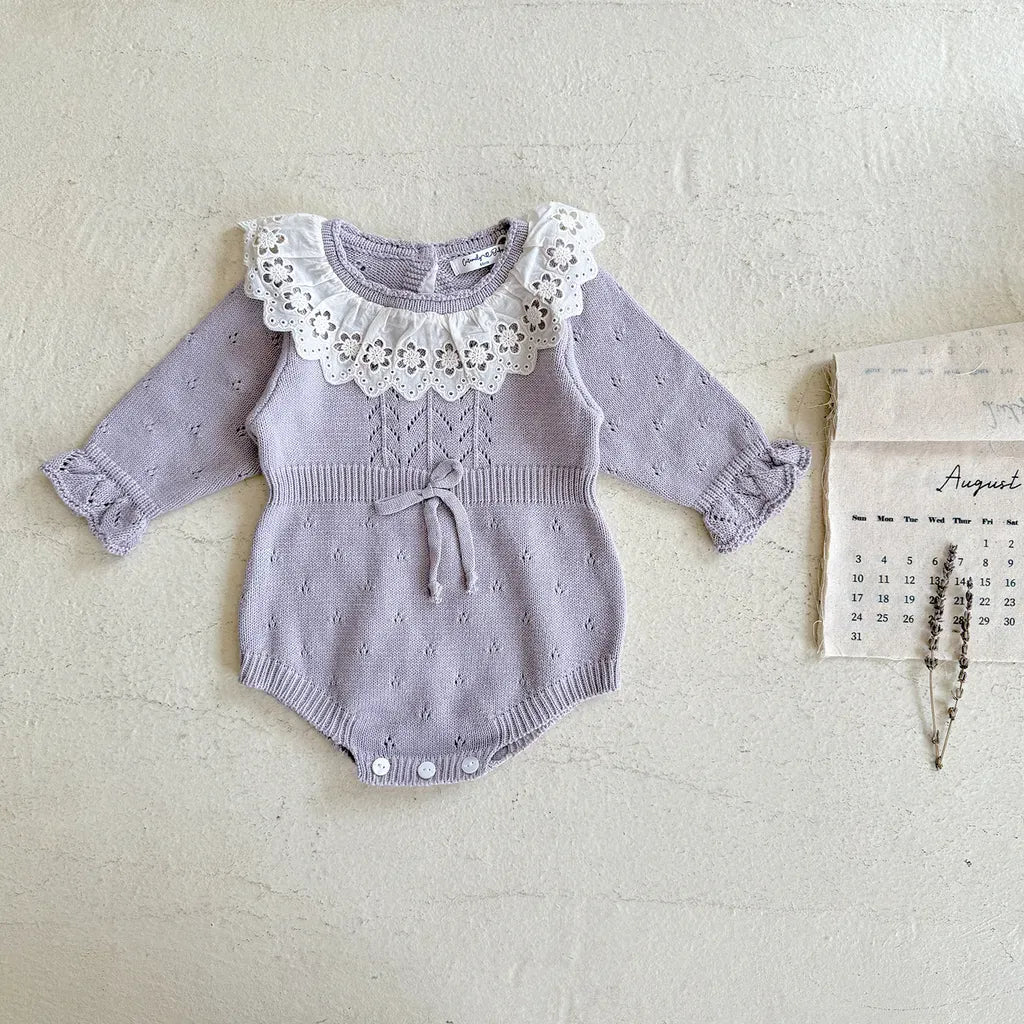 長袖ロンパース 花柄レース襟付き長袖ニットロンパース【mh0011150】