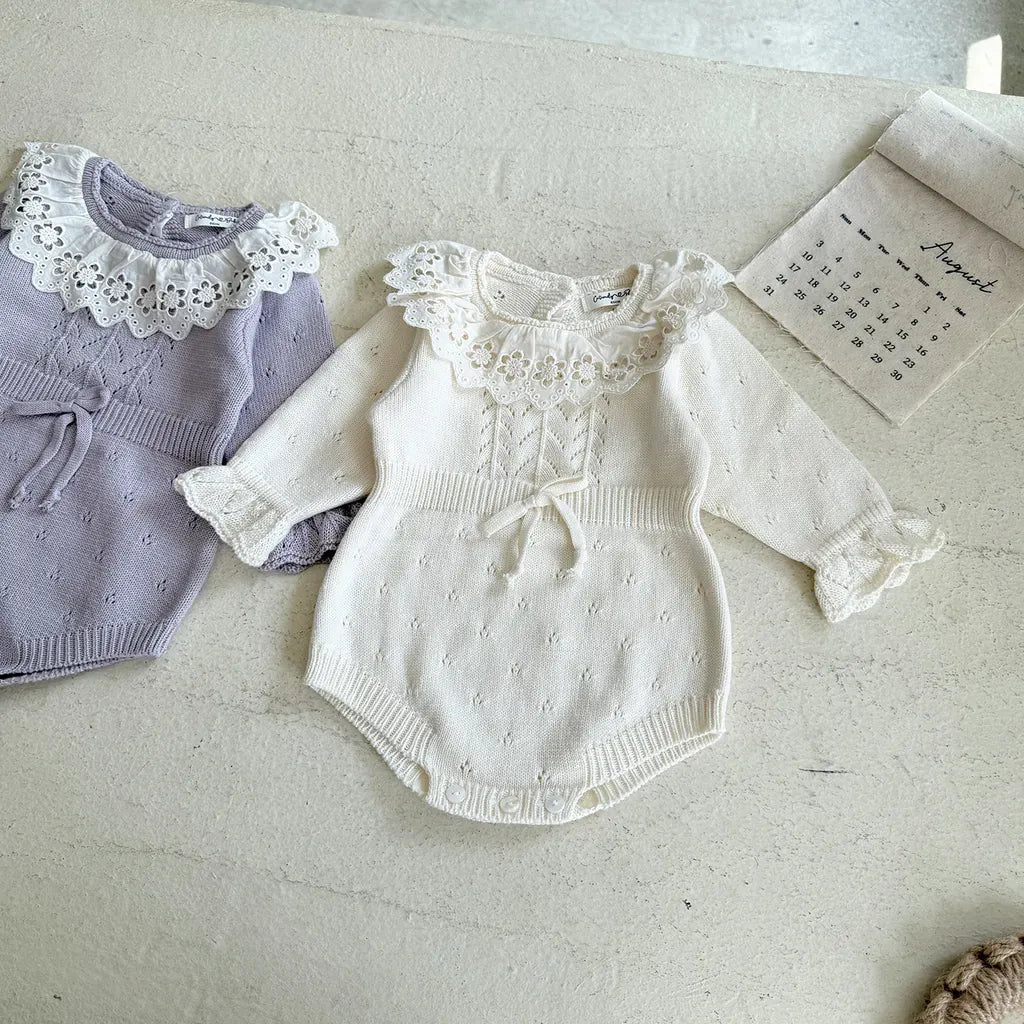 長袖ロンパース 花柄レース襟付き長袖ニットロンパース【mh0011150】