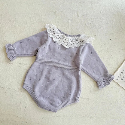 長袖ロンパース 花柄レース襟付き長袖ニットロンパース【mh0011150】