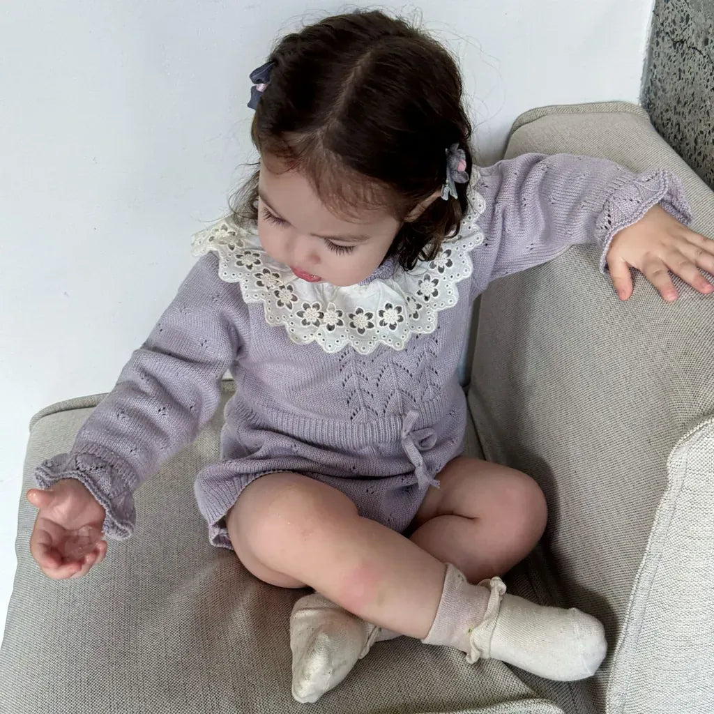 長袖ロンパース 花柄レース襟付き長袖ニットロンパース【mh0011150】