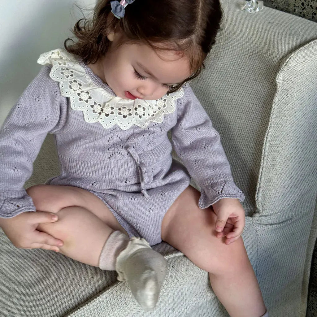 長袖ロンパース 花柄レース襟付き長袖ニットロンパース【mh0011150】