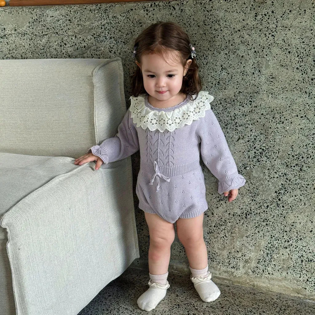 長袖ロンパース 花柄レース襟付き長袖ニットロンパース【mh0011150】