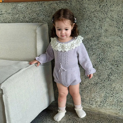 長袖ロンパース 花柄レース襟付き長袖ニットロンパース【mh0011150】