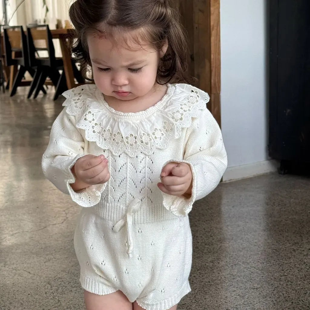 長袖ロンパース 花柄レース襟付き長袖ニットロンパース【mh0011150】