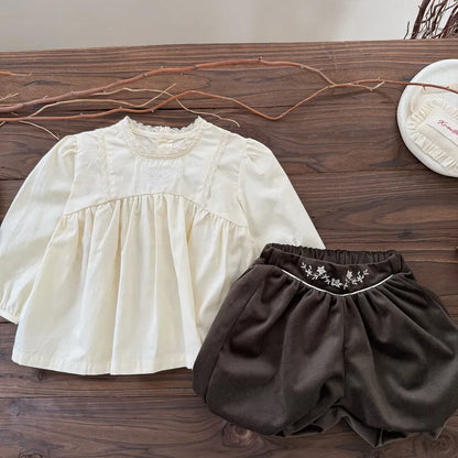 長袖シャツ・ブラウス ギャザー切り替え刺繍レース長袖ブラウス【mh0011151】