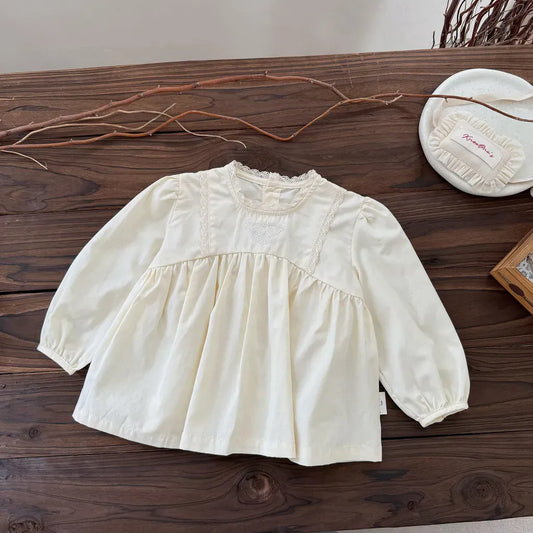 長袖シャツ・ブラウス ギャザー切り替え刺繍レース長袖ブラウス【mh0011151】