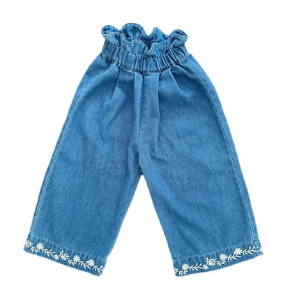 デニムパンツ 裾刺繍フリルウエストデニムワイドパンツ【mh0011153】