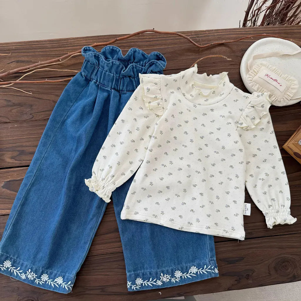 デニムパンツ 裾刺繍フリルウエストデニムワイドパンツ【mh0011153】