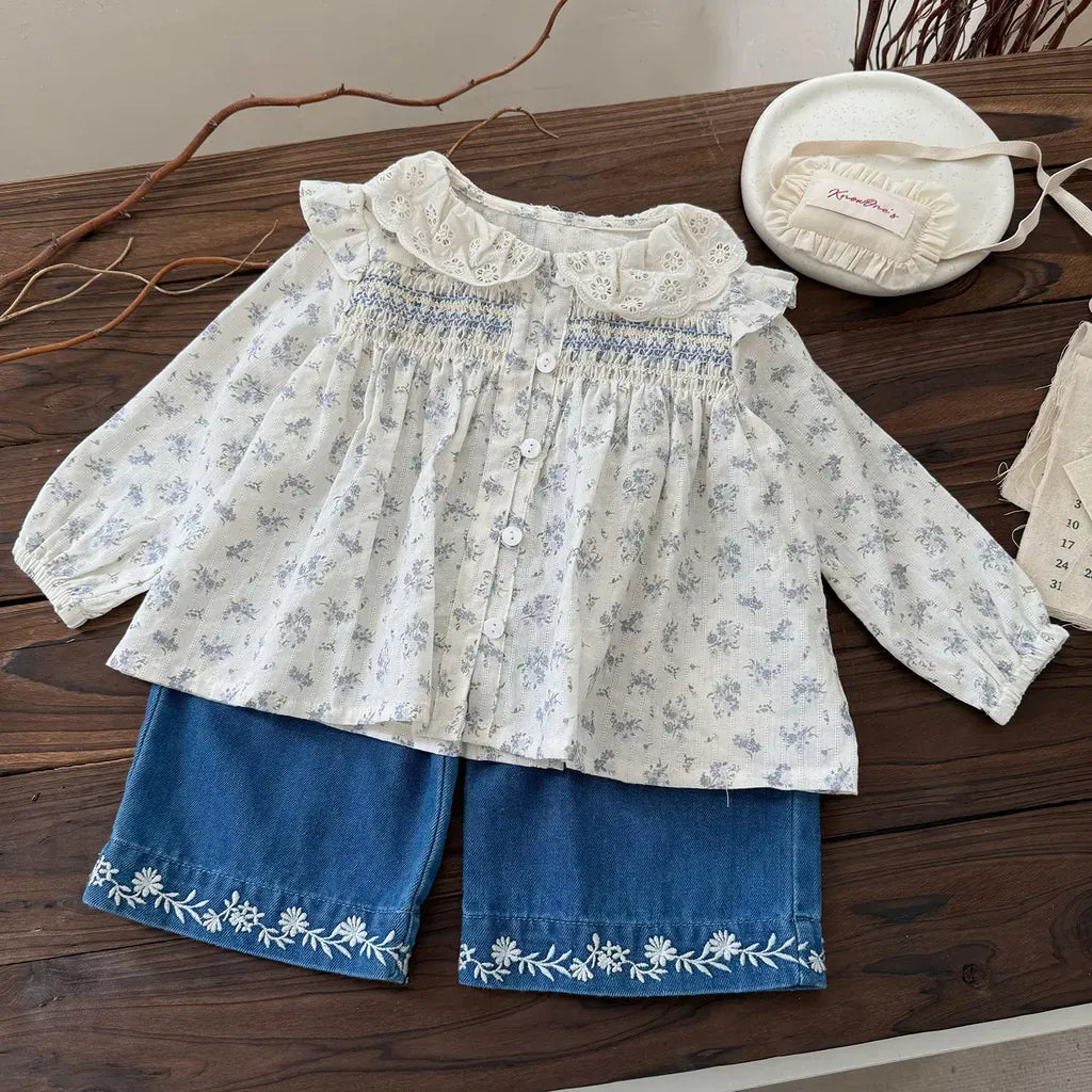 デニムパンツ 裾刺繍フリルウエストデニムワイドパンツ【mh0011153】