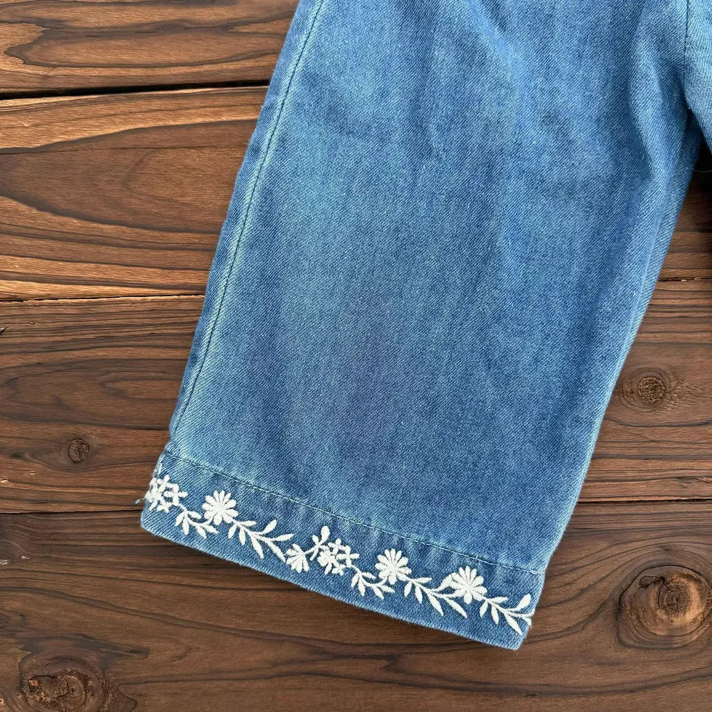 デニムパンツ 裾刺繍フリルウエストデニムワイドパンツ【mh0011153】